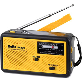 Радіо Kaito Voyager ECO KA336: AM/FM, NOAA, сонячна панель, ручне заряджання, LED-ліхтарик, USB-зарядка для телефону, жовтий