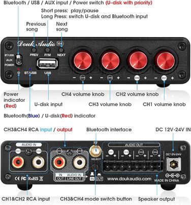 Підсилювач звуку Douk Audio HiFi Bluetooth 5.0, цифровий, стерео, 2/4 канали, 4×50Вт