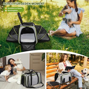 Транспортна сумка для котів та маленьких собак ALLSOPETS, розширювана, з підкладкою з флісу та кишенями (сірий & зелений)