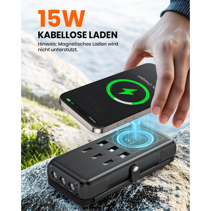 Портативний зарядний акумулятор A ADDTOP Solar 25000mAh з сонячною панеллю та 3 кабелями - 20W швидка зарядка, USB-C, для кемпінгу та подорожей (Чорний)