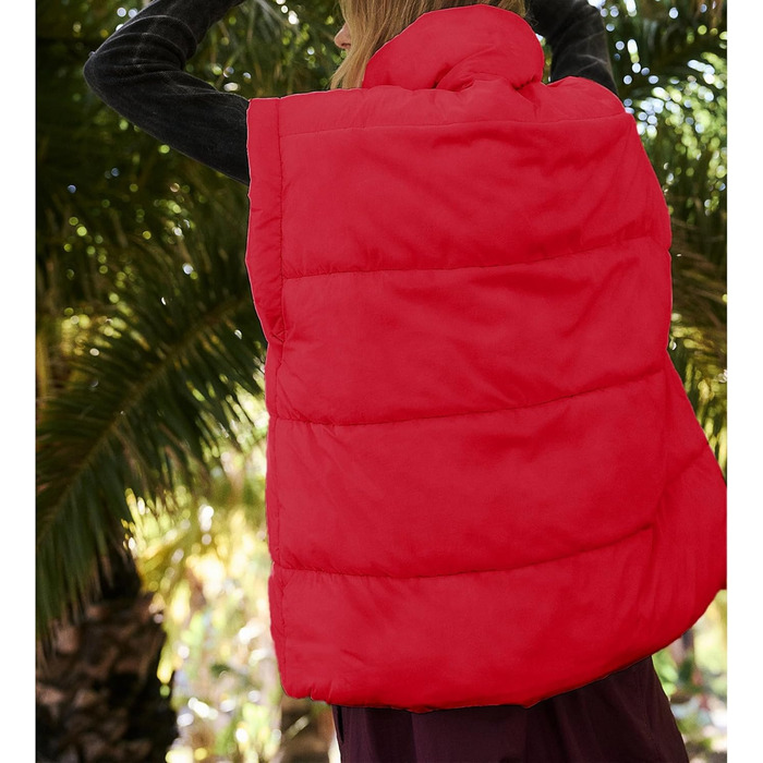 Жіноча велика пухова жилетка Songing з коміром-стійкою, блискавкою на всю довжину, без рукавів, стельмована, тепла (XXL, Червоний/Подорож, однотонна (Getaway Solids))