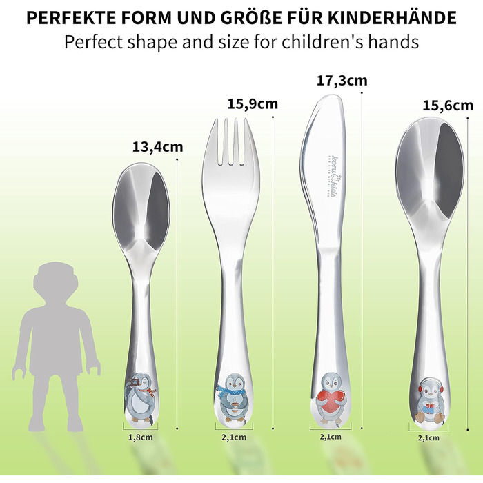 Набір дитячого столового прибору Koru Kids® Kinderbesteck Pinguin (4 шт.) з нержавіючої сталі – столовий прилад для навчання дітей, придатний для миття в посудомийній машині