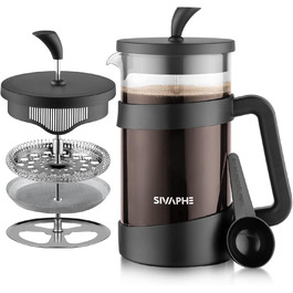 Френч-прес Sivaphe 1000 мл, чорний: кавоварка з тришаровим фільтром, термостійке скло, ложка