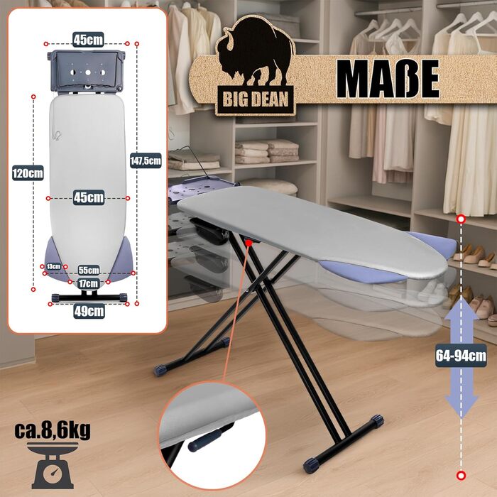 Прасувальна дошка BigDean XXL (120x45 см) з регулюванням висоти та підвішуванням для плечей - стабільна, для парогенераторів та прасок