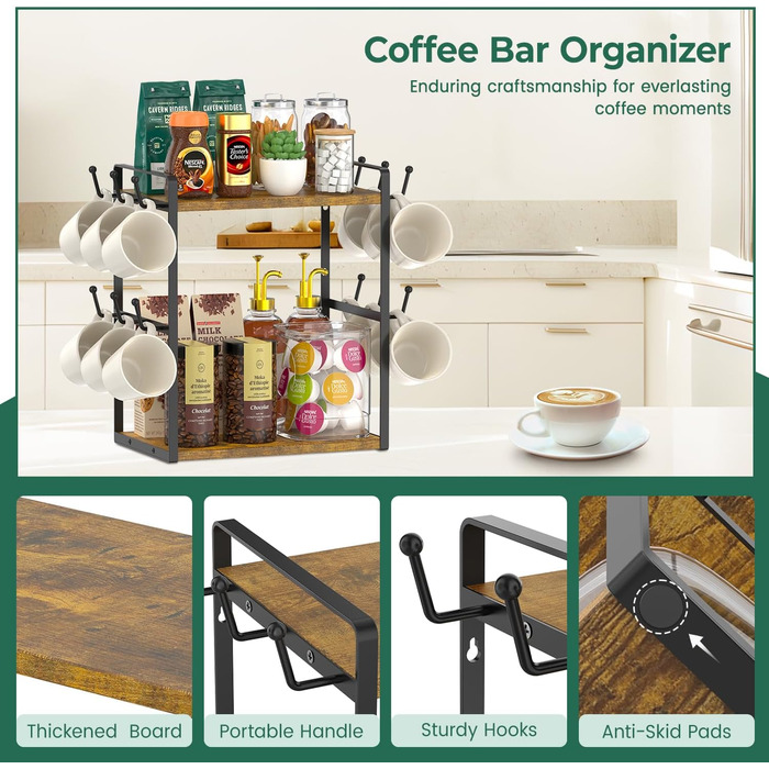 EsLuker.ly 2-Tier Mug Holder and Cup Stand, Mug Rack for Coffee Cups, Coffee Organizer for Countertop, Coffee Station Organizer with Mug Holder, Vintage Brown-Black