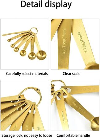 Toranysadecegumy 6 Piece/Set Measuring Spoons, Useful Stainless Steel Measuring Cups, Kitchen, Coffee, Measuring Spoons, Tea, Gold