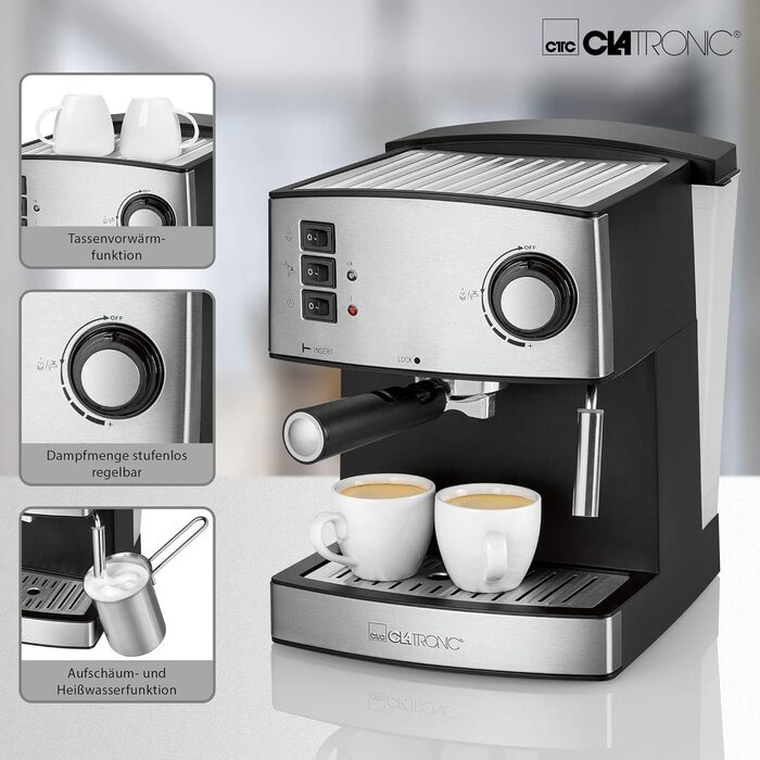Clatronic® Espresso Machine | Small Coffee Machine | 15 bar Pump Pressure | 1.6 Liter Transparent Water Tank (Removable) | 2 Stainless Steel Nozzles with Frothing and Hot Water Function | 850 Watts | ES 3643