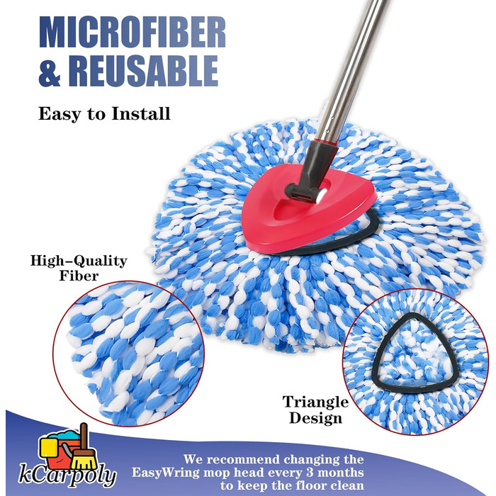 EasyWring Replacement Mop Head Refill for 1 Bucket System, Spin Mop Replacement Heads, compatible with Triangle Spin Mop – Microfiber Mop Easy Clean Floor Head Mop with 1 Spin Mop Base (blue)