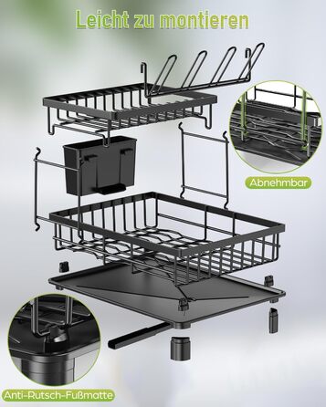 LIONONLY Dish Drying Rack, Large 2-Tier Dish Drying Rack with Drip Bowl, Stainless Steel Dish Drying Rack with Utensil Holder, Beverage Holder, and Swivel Spout, Dish Drying Stand Kitchen