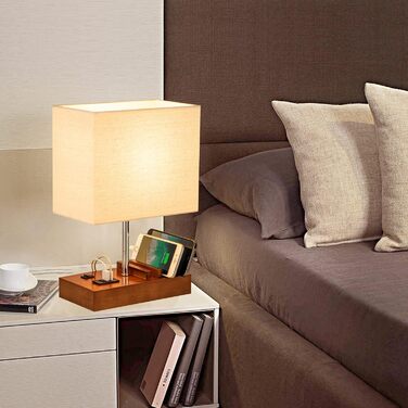 Настільна лампа Dreamholder з 3 USB-портами (A+C), підставкою для телефону, для спальні, вітальні, офісу, з натуральним дерев'яним цоколем та тканинним абажуром (цоколь з горіхового дерева)