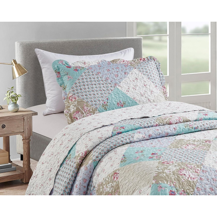 Набір постільної білизни Brilliant Sunshine Grey Heart Love Patchwork: ковдра та наволочка, двоспальне ліжко, блакитно-зелений, стегане покривало