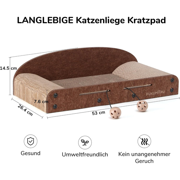 Cat Scratch Board, 66CM Durable Scratch Cardboard and Felt, Large Lounger, 2 Reversible Cat Scratch Pads for Cats, Recyclable Cardboard Cat Bed with Bell Ball Toy, Caramel Color (Medium Size)