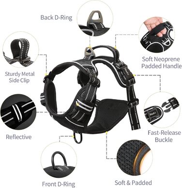 Шлейка для собак HEELE, No-Pull, для середніх собак, м'яка, дихаюча, регульована, світловідбиваюча, з м'яким ручним захопленням, чорна, розмір L