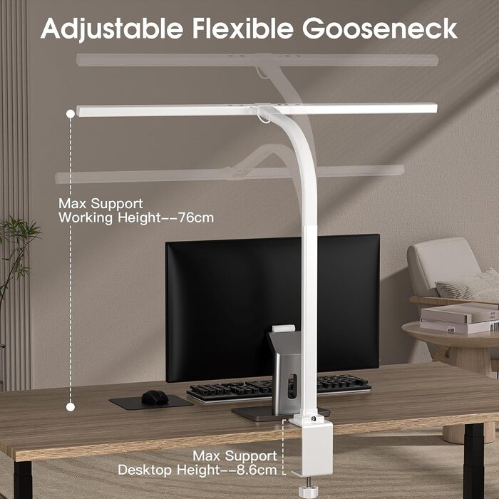 LED лампа настільна з авторегулюванням яскравості, 80 см, кріплення-прищіпка, регульована колірна температура, захист для очей, повний спектр денного світла, таймер, білий колір