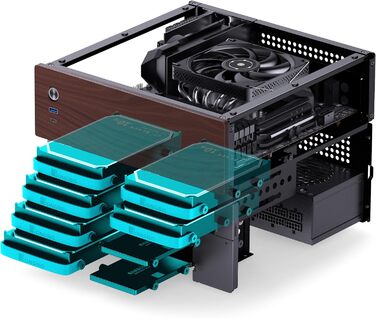 Корпус Jonsbo N4 NAS чорного кольору – компактний Micro-ATX корпус для саморобних NAS, підтримка 6x 3.5' та 2x 2.5' HDD, 4 слоти Low-Profile, USB-C & USB-A, дерев'яний дизайн