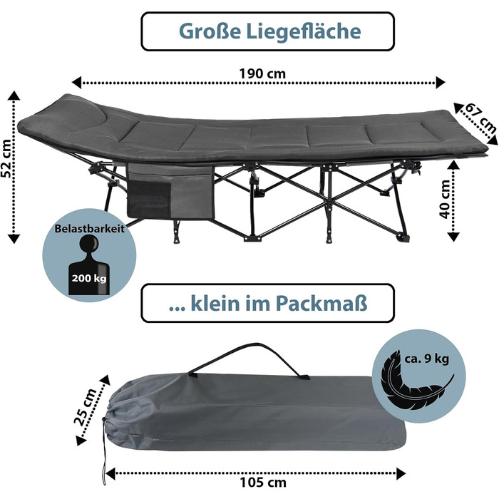 Кемпінгове ліжко Alpidex: складане, для відпочинку, з кишенею, сіре