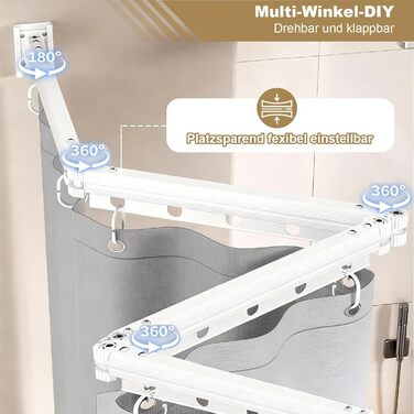 Шторка для душу з розсувною штангою без свердління, 4 секції, обертається, алюмінієвий сплав, водонепроникний антибактеріальний душ-завіса 180x200 см, для ванної кімнати та ванни (білий/сірий)