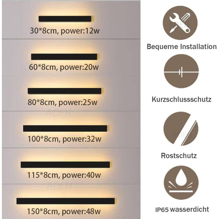Long Villa Wall Light Black Waterproof IP65 Aluminum Acrylic Outdoor LED Wall Light for Gardens, Terraces, Bedrooms, Living Rooms, Indoor, 30cm/12w, Warm light