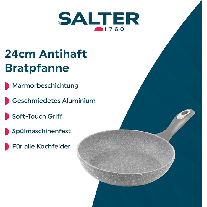 Сковорода-гриль Salter BW02773G 28 см, мармурове антипригарне покриття, без ПФОА, універсальна для індукції та духовки, алюміній, сіра, посудомийна машина, 24 см сковорода для смаження