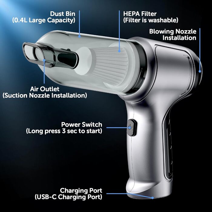 Портативний бездротовий ручний пилосос Brovamo з акумулятором, 12000Pa, для дому, авто, кухні, офісу, видалення шерсті тварин