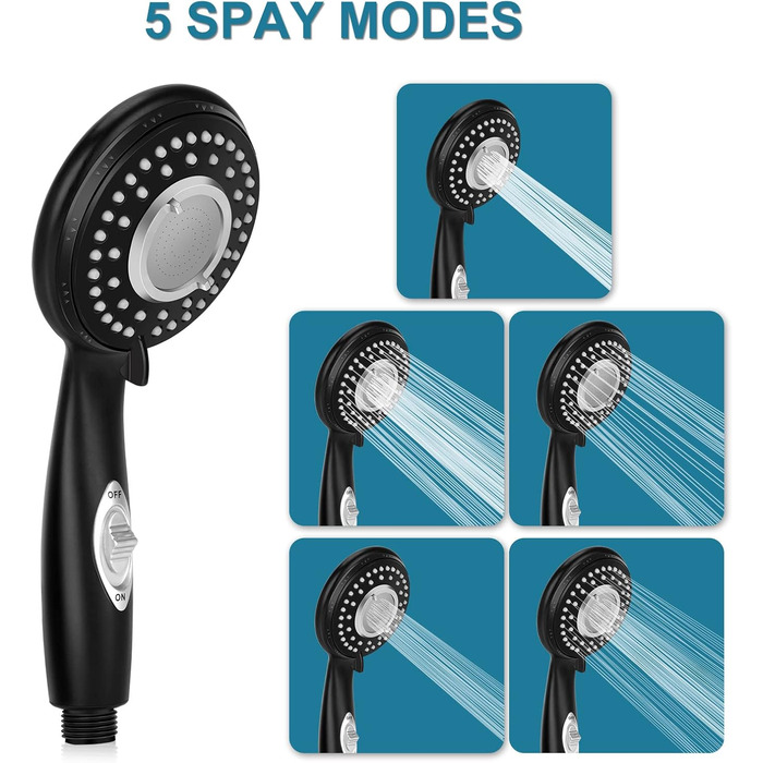 Handheld shower with on/off switch, water-saving, high-pressure showerhead, 150 cm hose, wall-mounted, white painted (matte black)
