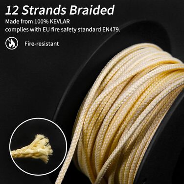 NewDoar Abrasion-Resistant Braided Kevlar Cord 1.5mm 50ft/120ft/200ft, 12-Strand Cord High Strength Wear-Resistant Flame-Retardant Suitable for Camping Kite String Fishing EDC Cords