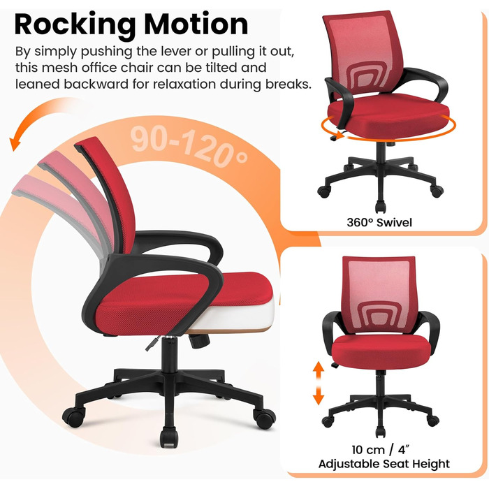 Офісне крісло Yaheetech ергономічне з сітчастою спинкою та підлокітниками, поворотне, для начальника, з функцією гойдання, регульоване по висоті, до 136 кг, червоне