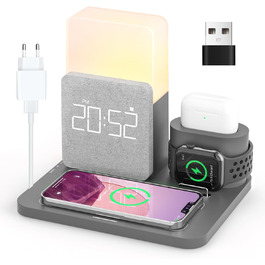 Бездротовий зарядний пристрій COLSUR 3 в 1: зарядка, нічник, будильник. Підтримка iPhone 16/15/14/13/12/11/X/8 Pro Max/Mini/Plus (Сірий)