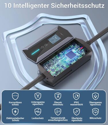 Кабель для зарядки електромобілів Schuko 3,7kW, 7м, 6-16A, 1-фазний, IP65, з LCD-дисплеєм, регульована потужність, таймер, для електромобілів та PHEV