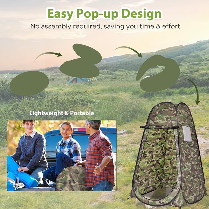 Намет для душу HOMASIS з сумкою, переносний шатрів для переодягання, туалетний намет з вікном та кишенькою, душова кабіна для відпочинку на природі, 120 x 120 x 190 см, зелений (Flecktarn)