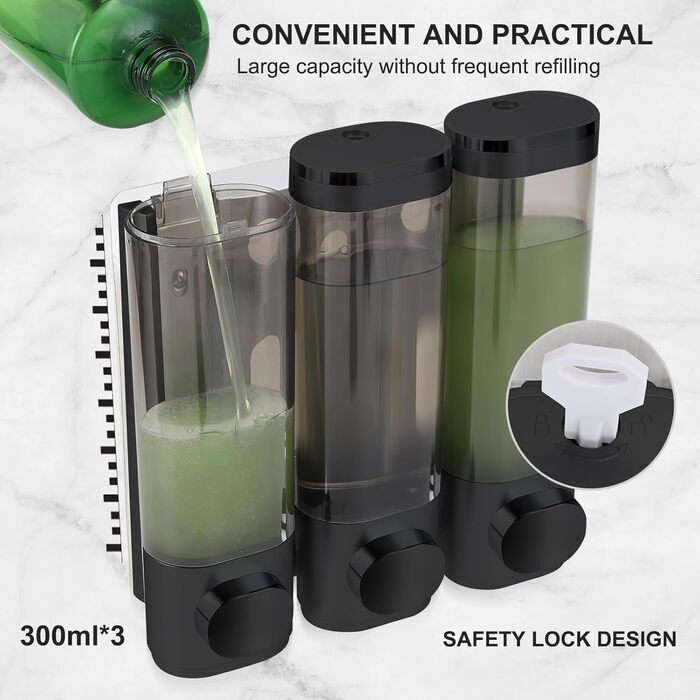 Wall-Mounted Soap Dispenser, Shampoo & Body Wash Dispenser, 3-Piece Set Soap Dispenser No Drilling, Even Liquid Dispensing, Leak-Proof. Suitable for Shampoo, Body Wash, Liquid Soap, Conditioner. (Black)