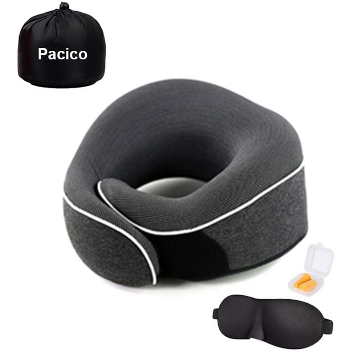 Подушка для шиї, туристична, з піною з пам'яті, для авто, поїздів та літаків, комплект з маскою для очей та берушами (темно-сіра)