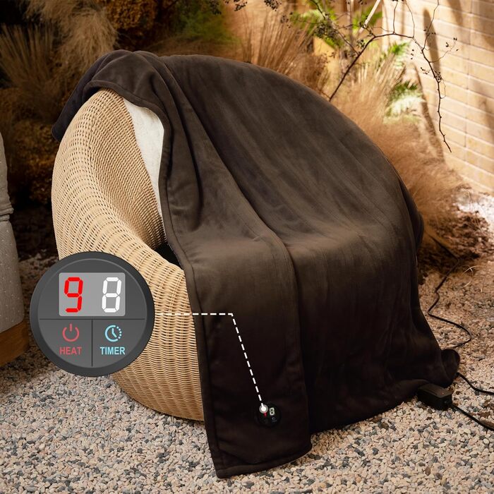 Електрична ковдра GOTCOZY 130x180 см з 10 режимами нагріву та таймером, коричнева, пральна