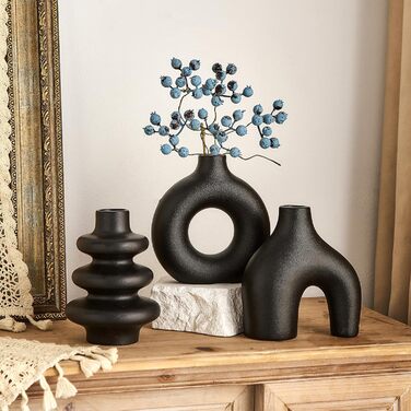 Set of 3 Black Ceramic Vases - Small Pampas Grass Decor, Modern Flower Vases for Home, Wedding & Living Room Centerpieces
