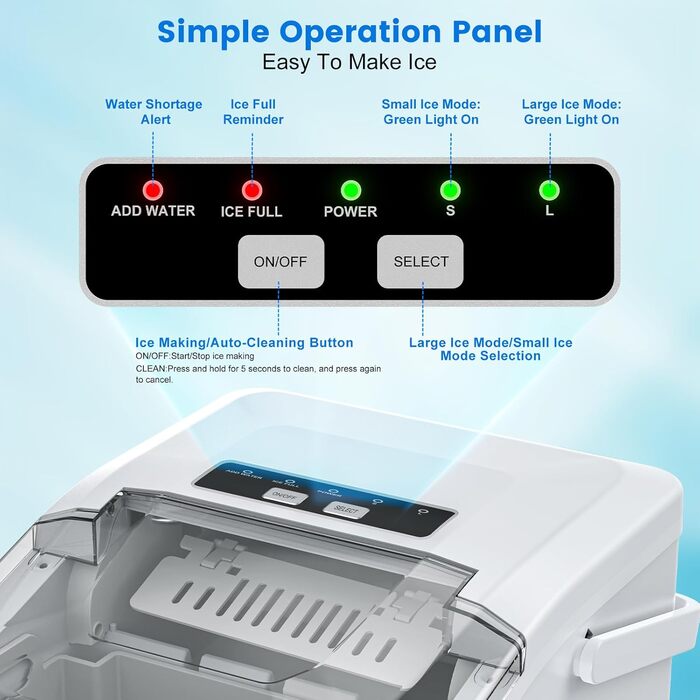 Льодогенератор Ice Cube Maker 12 кг/24 год, 2 розміри кубиків льоду, самоочищення, білий - для дому, офісу, бару
