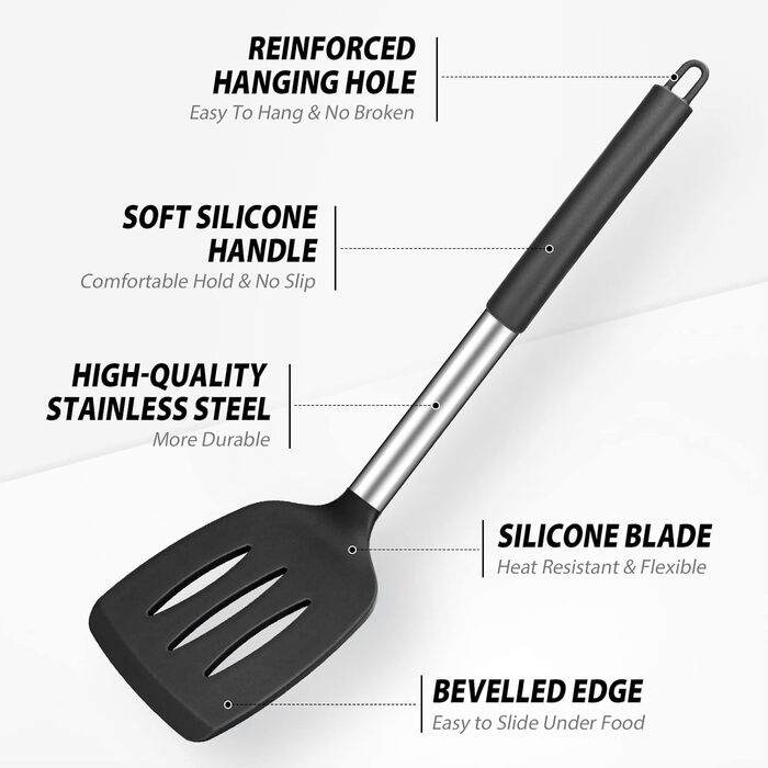 Silicone Spatula and Spoon Set, 4-Piece Silicone Kitchen Utensils Cooking Utensil Set with Stainless Steel Handle, Non-Stick Heat-Resistant Black Cooking Utensil Set, Healthy, Dishwasher Safe
