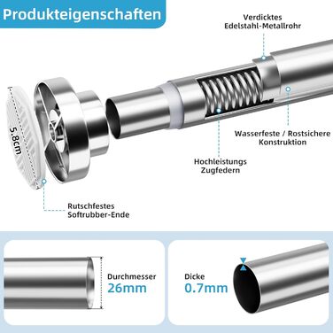 Штанга для душу без свердління з нержавіючої сталі, телескопічна, регульована, 70-195 см, для ванної кімнати, вікна, шафи, срібна