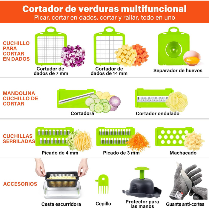 Ручний овочевий слайсер 16 в 1 з нержавіючої сталі, овочевий шатер з 8 змінних лез, для нарізки кубиками та соломкою
