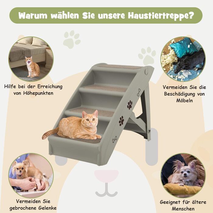 COSTWAY 4-Step Pet Stairs with Carpet, Dog Stairs Plastic Cat Stairs Folding, Portable Dog Ramp Pet Stairs for Dogs and Cats, Pet Ramp for Climbing and Scratching (Gray)
