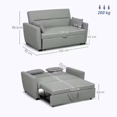 HOMCOM Sleeper Sofa, 2-Seater Sofa Bed with Sleeping Function, Adjustable Backrest, Couch with Cushions, Velvet Look, Sleeper Sofa with Storage Box for Living Room, Guest Room, Light Grey | Aosom