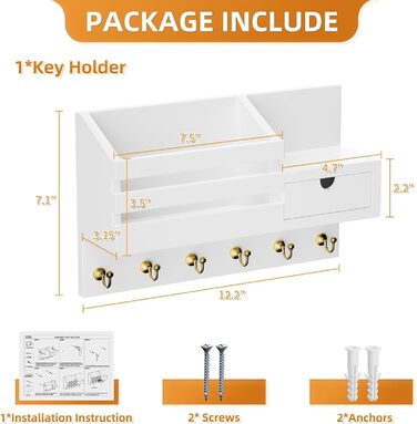 Настінна органайзер для ключів з 6 гачками та шухлядою, дерев'яна полиця для ключів, настінний тримач для ключів, для прихожей, вітальні, офісу (білий)