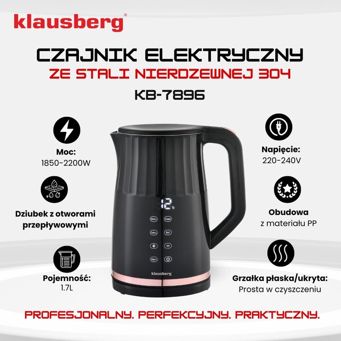 Електричний чайник Klausberg KB-7896, 2200 Вт, 1,7 л, чорний