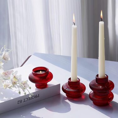 VOHO Candle Holders, Ribbed Glass, Stylish Boho Candle Holders, Stackable and Reversible, for Candle Stands and Votive Candles, e Candle Holders, Table Decoration, Set of 12 (Red/Getaway, Solid (Getaway Solids))