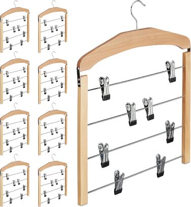 9 x Rock Hangers, Trouser Hangers Wood, 360° Swivel Hook, Clothes Hangers Non-Slip, HBT 45.5x39x2.5 cm, Silver/Natural