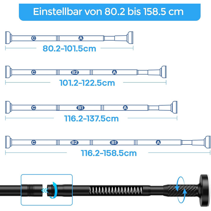 Штанга для штор без свердління AIZESI 100-230 см Ø 25 мм, телескопічна, для кріплення - регульована штанга для вікна, душу, балкону (чорний, 81-158 см)