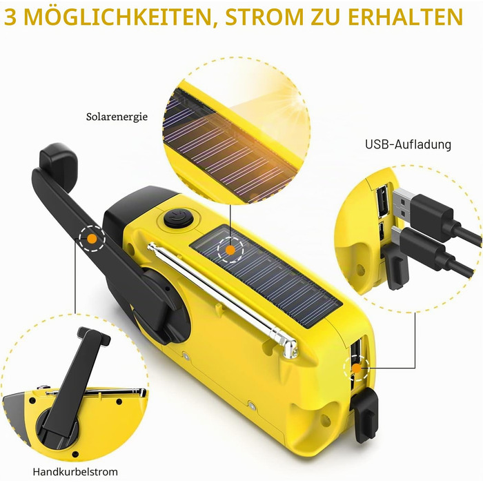 Радіо Solar Radio на сонячних батареях з ручним генератором, AM/FM, Powerbank 2000mAh, LED ліхтарик, USB зарядка для телефону - жовте