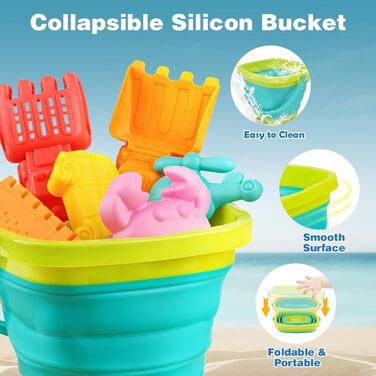 YIMORE Sand Toys Beach Toys for Boys with Folding Bucket Kids Excavator Sandbox Toy, 26 PCS Sand Molds Sand Shovel Kids, Travel Sand Toy for Ages 3+