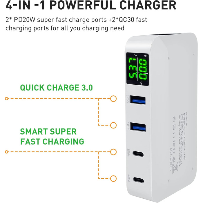 Зарядна станція Schnellladestation PD20W QC3.0 7-в-1 з LCD-дисплеєм, USB-роз'єми, сумісна з iPhone, iPad, Samsung, Huawei (Чорний)