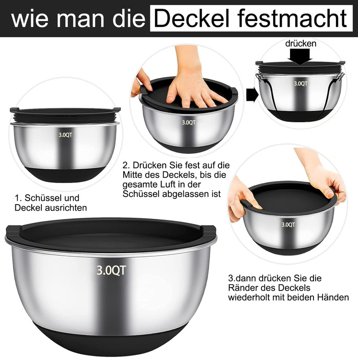 Mixing Bowl Set of 6, Stainless Steel Bowl Salad Bowl Set with Lid & Silicone Bottom, 3 Grater Attachments, 4.7l/3.8l/2.8l/1.9l/1.4l/0.6l, Non-Slip & Stackable - Black
