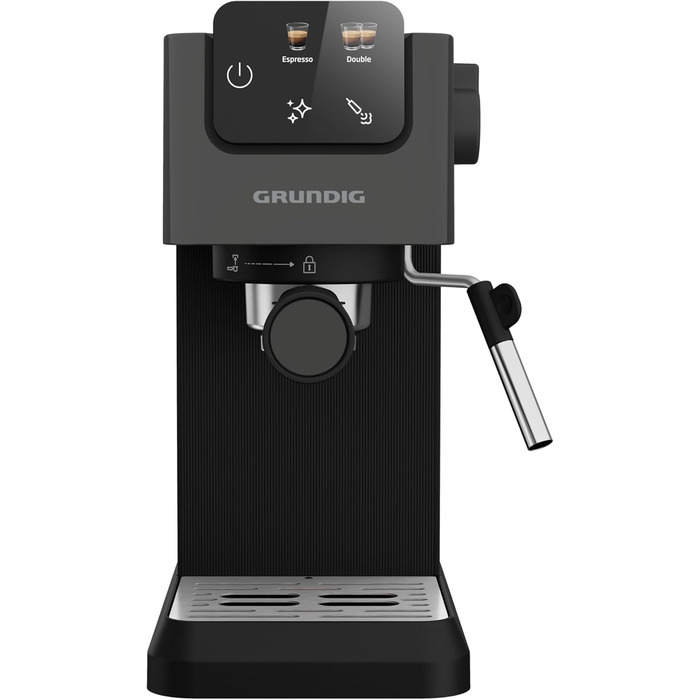 Кавоварка еспресо GRUNDIG KSM 4330 з паровою насадкою для молока, для меленої кави, знімний резервуар для води, сенсорний дисплей, 1626 Вт, функція пам'яті, чорна
